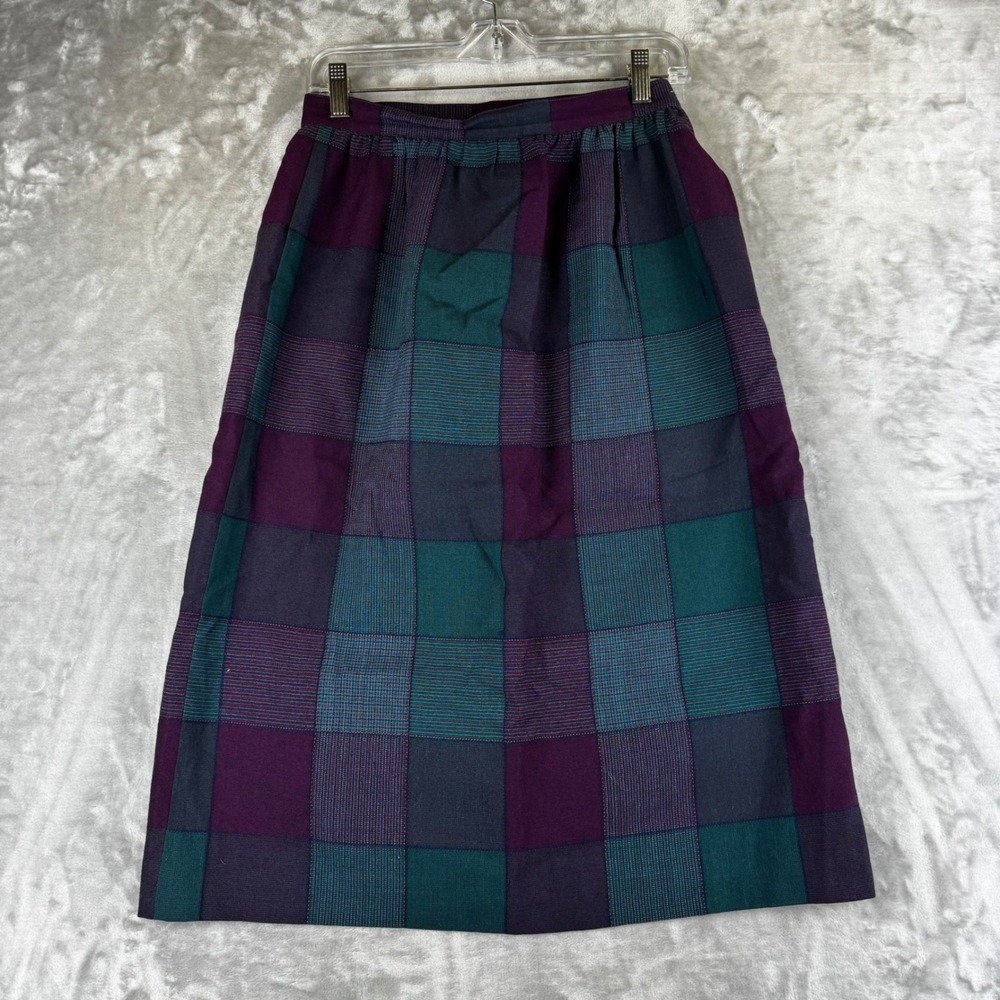 Prophecy Plaid Skirt Women 12 Purple Teal 100% Wool Midi Vintage USA (1468)